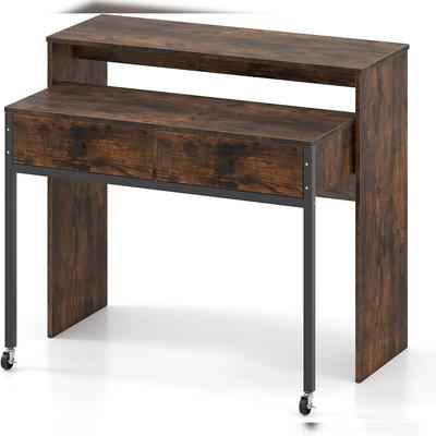 COSTWAY Extendable Desk with 2 Drawers, Desk with 2 Wheels, Small Dressing Table, Console Table, Bedroom