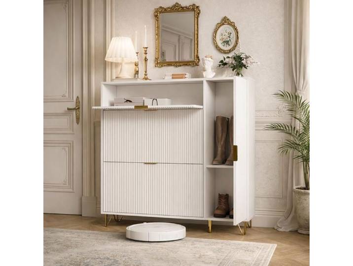 Meuble à Chaussures Slim 110x24x118.5cm Armoire à Chaussures Blanche avec 3 Tiroirs Rabattables Rangement Chaussures pour Entrée