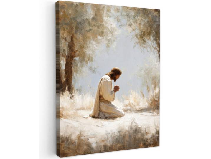 MuchoWow Leinwandbild - Jesus - Kniend - Waldlandschaft - Betend - 60x80 - Gemälde, Beige, Hellblau, Textil, Kiefer, Abstrakt, Rechteckig, 60x80 cm, gerahmt, Bilder & Rahmen, Bilder, Wandbilder