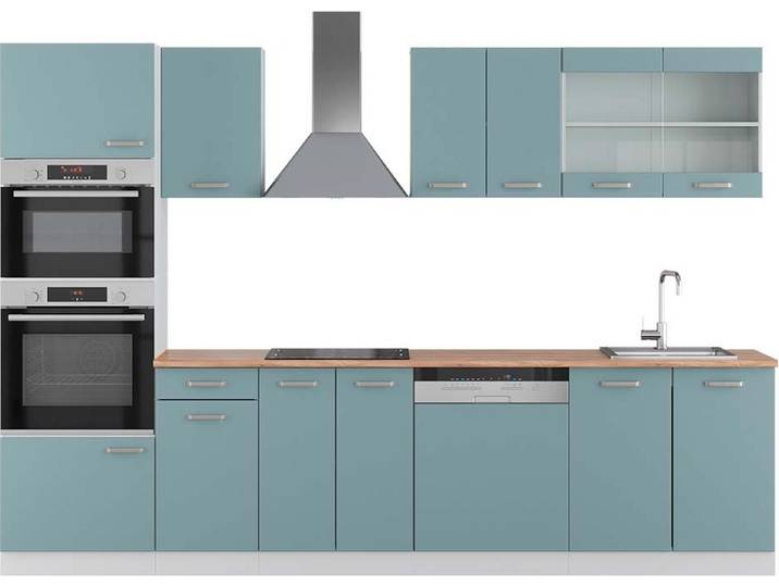 Küchenzeile Vicco R-Line Blau-Grau 300 cm mit Hochschrank, AP Eiche, Model 42377