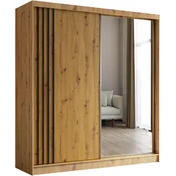 KLEIDERSCHRANK mit Spiegel-Schiebetüren und Aluminium-Leisten, LED-Beleuchtung - NALLA - 200 cm Artisan+Artisan+Schwarz