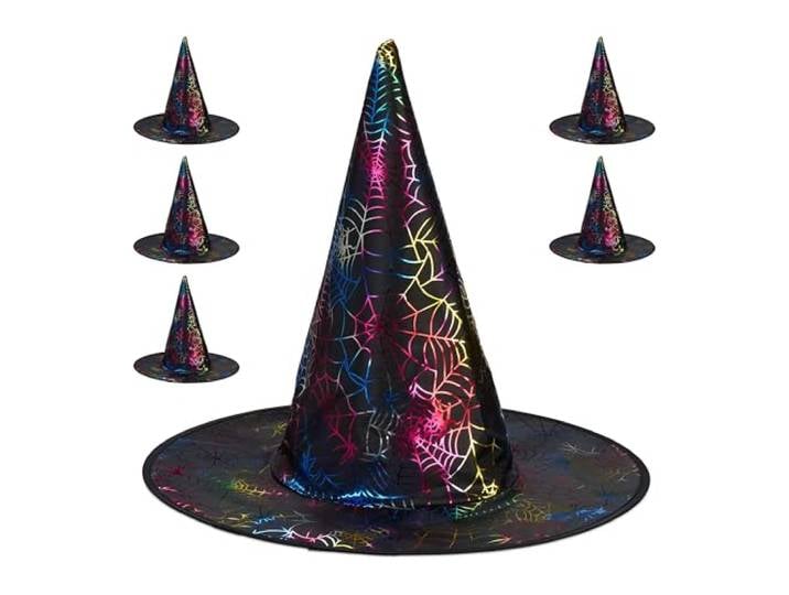 Relaxdays Chapeau de sorcière\, lot de 6\, couvert de toiles d'araignée\, pour Halloween ou carnaval\, noir et multicolore