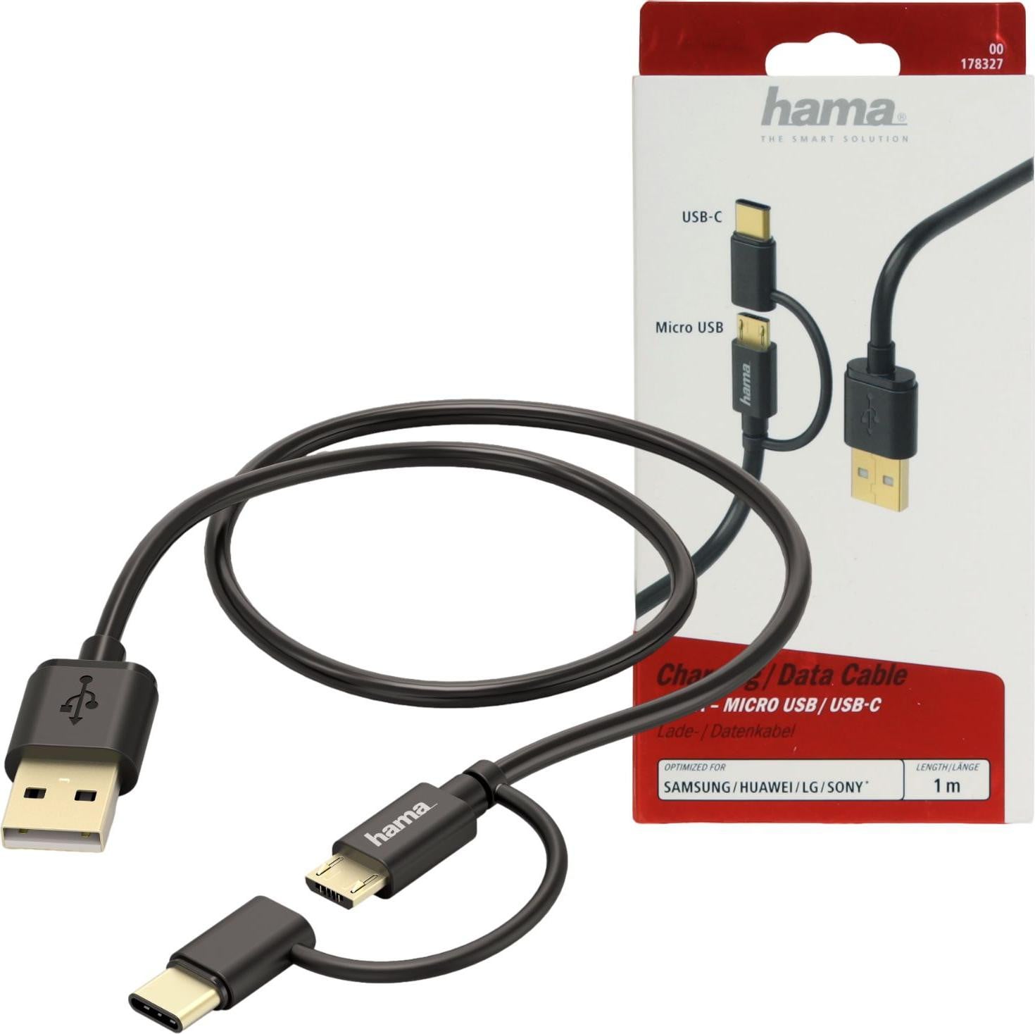 Hama 2-in-1 micro-USB-kabel met USB-C adapter, 1 meter, zwart