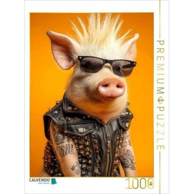 CALVENDO Puzzle Cooles Punk Schwein mit Irokesenschnitt, Tattoos und Rocker-Lederweste | 1000 Teile Lege-Größe 64x48cm Foto-Puzzle für glückliche Stun