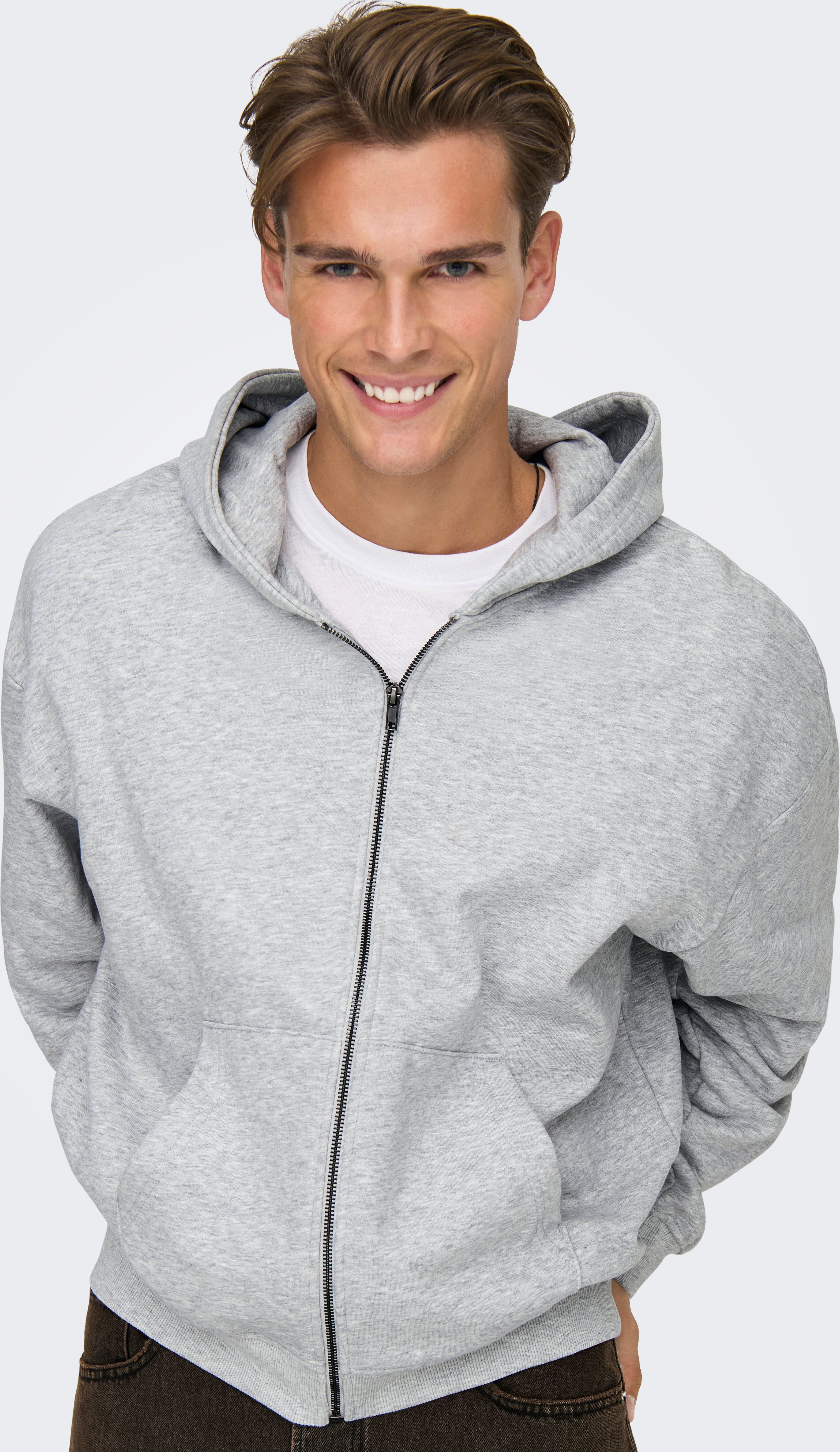 Kapuzensweatshirt ONLY & SONS "ONSTURNER LIFE VTG ZIP HOODIE SWEAT", Herren, Gr. XXL, grau (light grau melange), angeraute Sweatware, Obermaterial: 80% Baumwolle, 20% Polyester, meliert, loose fit normal, Rippbündchen, Sweatshirts Kapuzensweatshirt