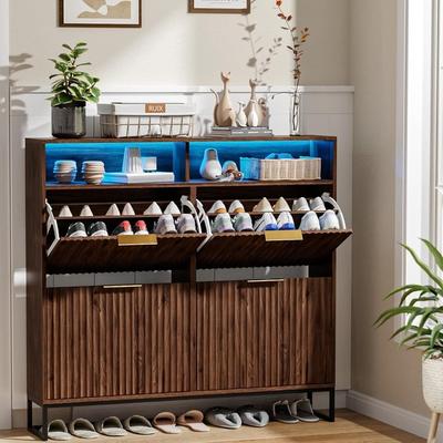 FCH 47.2 Inch Wide Slatted 4 Flip Drawers 1 Compartment Storage LED Light Shoe Cabinet