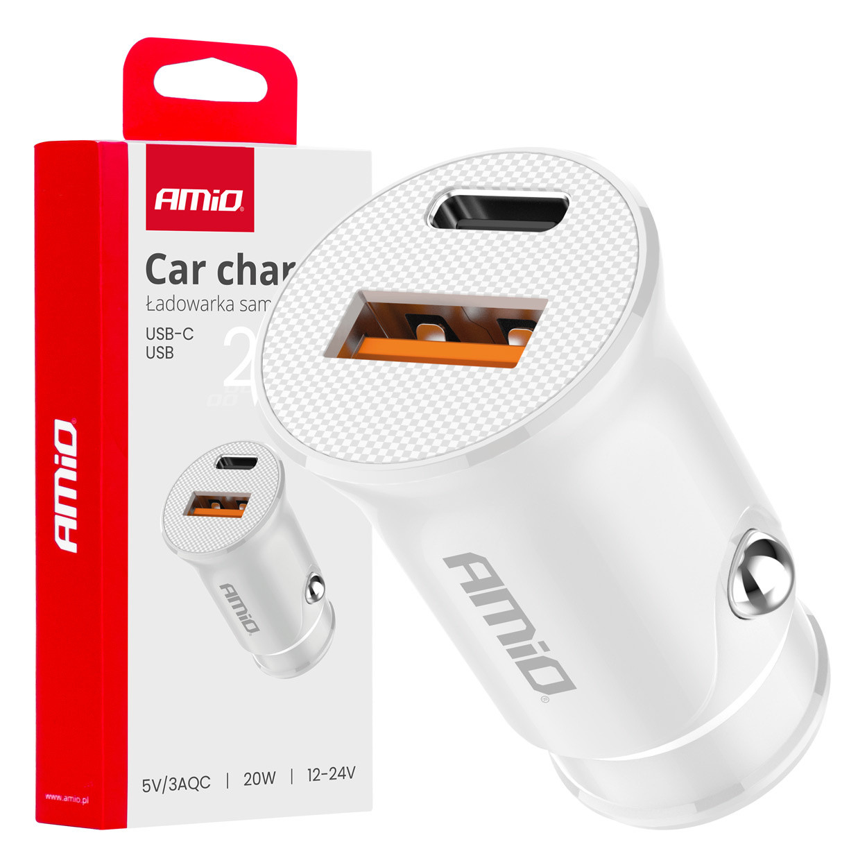 AMiO USB-A + USB-C autolader, 20W, snelladen (QC), hoogwaardig design