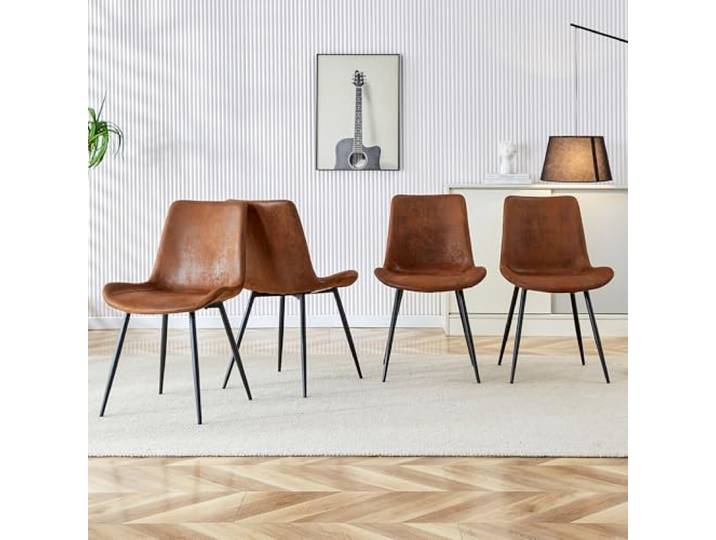 Vexelus 4er Set Esszimmerstühle braun aus atmungsaktivem Tech-Fabric, Metallgestell, verbreiterte Sitzfläche mit Rückenlehne für Zuhause & Büro