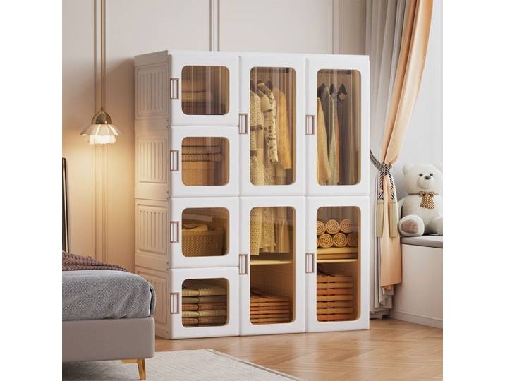 Armoire pliante 104x50x136cm - Armoire de rangement 12 casiers 8 portes avec tringle - Meuble dressing en plastique - Blanc