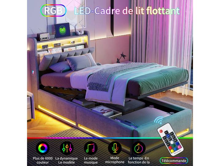 Rosahqnda Doppelbett,Kopfteil mit LED-Beleuchtung,USB-Anschlüssen et Ablagefach,Stauraumbett,Gästebett,Jugendbett,Samtstoff
