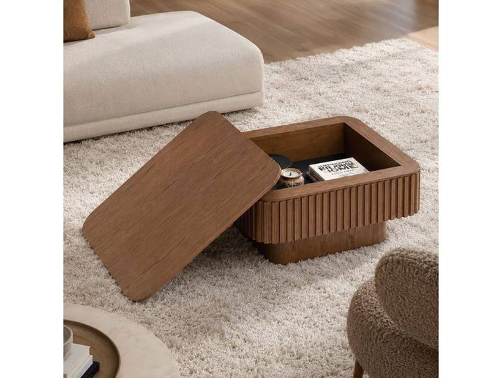 WUVRIE Table basse carrée 75 cm avec rangement caché couvercle amovible finition noyer design cannelé