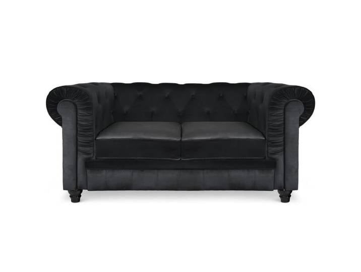 MENZZO Grand canapé 2 places Chesterfield Velours Noir -L158 x P79 x H67 cm