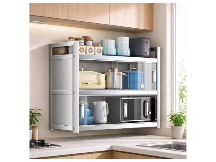 Dreistöckiger Wand schrank Edelstahl mit transparenten Schiebetüren Wandmontiertes Lagerregal mit transparenten Schiebetüren erhöhten Leitplanken und mehreren Lagerregalen(120x30x75cm)