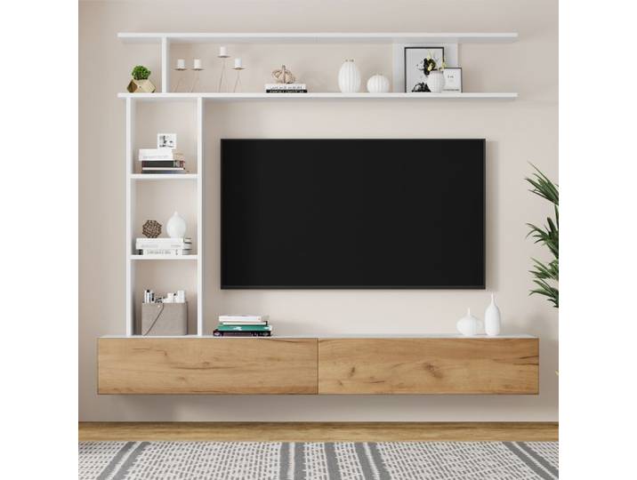 Meuble TV - KOMHTOM - Meuble TV set - 2 portes - A suspendre - Pour TV 80 pouces