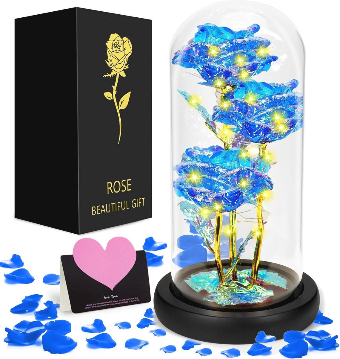 Rom Eeuwige Blauwe Roos in Glas met LED Verlichting
