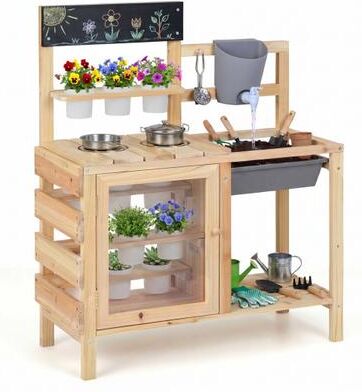 Costway Mud Kitchen Playset with Sink and Plants Observation Room-Natural