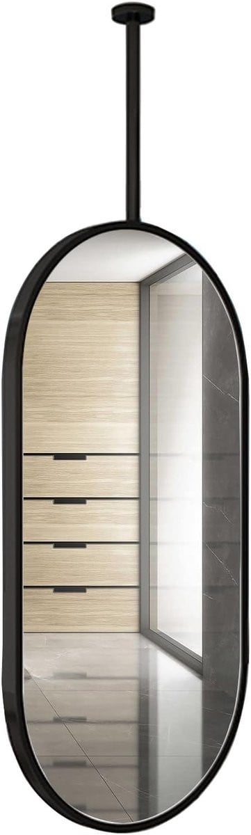 Ovale Plafondspiegel Zwart - Decoratieve Hangende Badkamerspiegel van Explosiebestendig Glas - Breedte: 40 cm