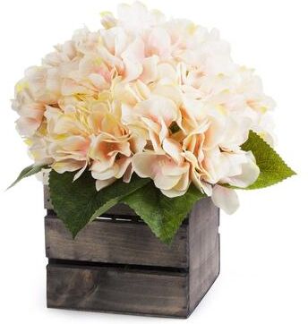 Enova Home Artificial Silk Hydrangea Fake Flowers Arrangement in Wood Planter for Home Office Wedding Decoration