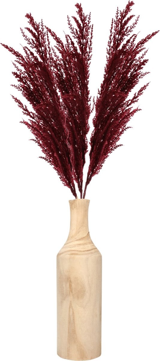 Decoratie pampasgras pluimen met houten vaas - Bordeaux rood - 100 cm