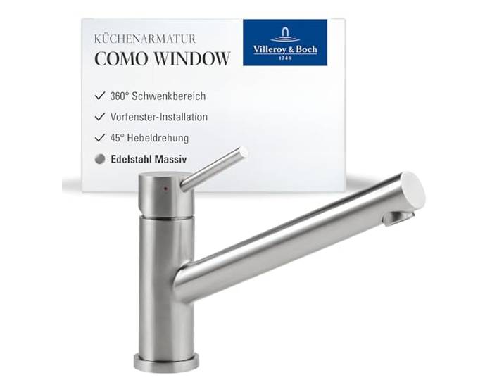 Villeroy & Boch Como Window Küchenarmatur, Höhe 135 mm – Edelstahl massiv Vorfenster-Installation, 360° Schwenkbereich, komfortabler Bedienhebel, Hochdruck, 925700LC
