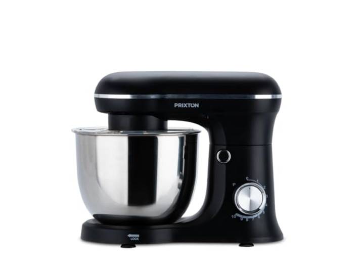 PRIXTON KR250 Knetmaschine für Backwaren, Leistung 1500 W, 10 Geschwindigkeitsstufen, 5 Liter Edelstahlschüssel, 3 Zubehörteile, transparenter Deckel (Schwarz)