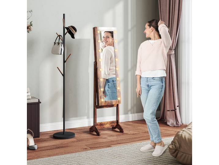 HOMCOM Armoire à Bijoux Miroir LED 36x30x136cm Marron Rustique