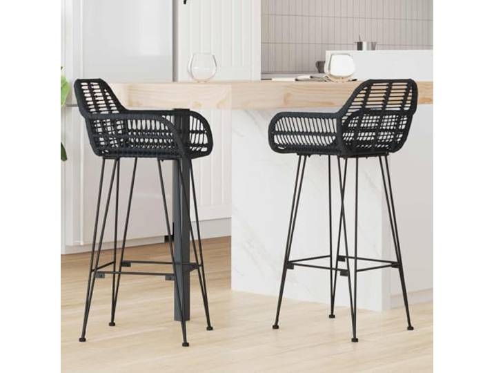 TEKGHUT Barstuhl 2 STK. Schwarz 55 x 52 x 105 cm Rattan und Eisen Hohe Rückenlehne, Armlehne, Fußstütze, handgewebtes Rattan, stabiler Eisenrahmen