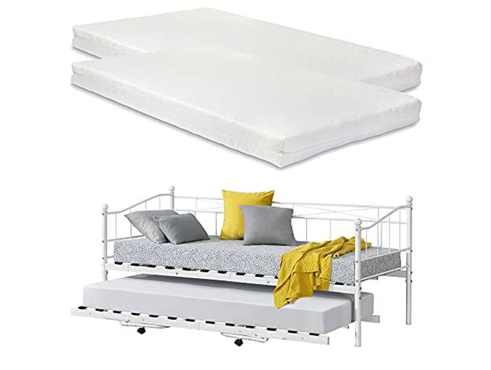 [en.casa] Tagesbett Skutskär mit Matratze 90x200cm und ausziehbarer Liege Bettsofa Schlafsofa Kojenbett 2 Liegeflächen Weiß