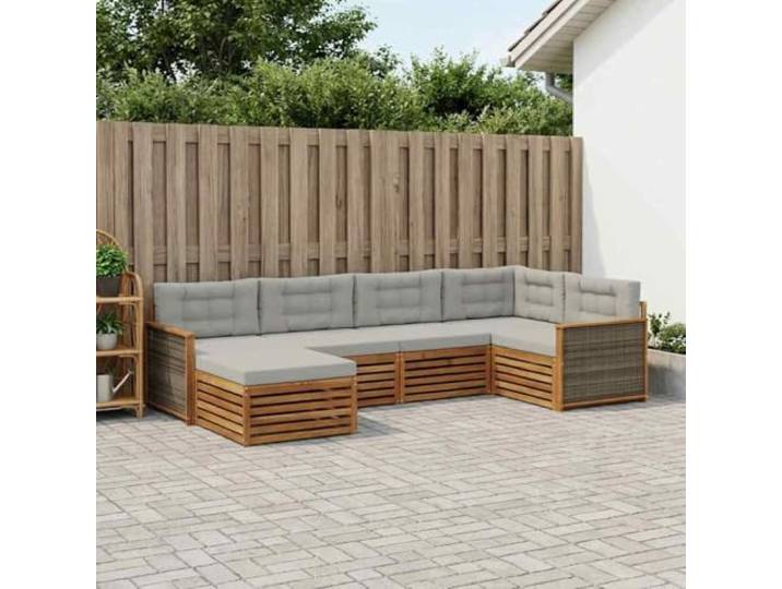 HFMDRMU Outdoor-Sofagarnitur mit Kissen 6-teilig, modulares Sofa Garten aus massivem Akazienholz, Sitzgruppe in Hellgrau und Naturfarbe, wetterbeständig lackiert, für Terrasse und Garten