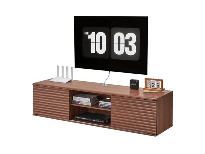 VEVOR Meuble TV Flottant\, 152 cm\, Console multimédia Murale avec étagère réglable et Porte coulissante\, étagère TV Flottante à 2 Niveaux avec Rangement pour Lecteur DVD\, décodeur\, Console Jeux\, Noyer
