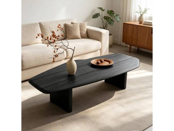 Handgefertigter gebogener Couchtisch aus Massivholz ohne Furnier Couchtisch mit einzigartiger organischer Form, stabiler Massivholz-Basis, minimalistische Optik(Black-B,47.2x23.6in)