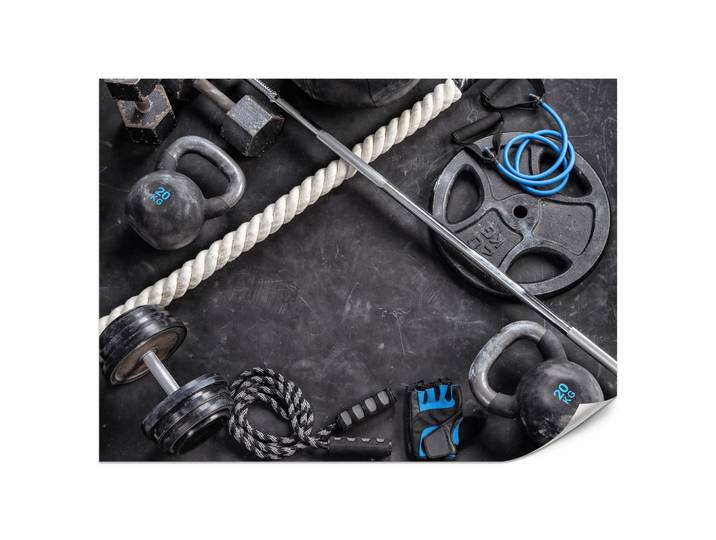 Muralo Fototapete für Fitnessstudio Sportgeräte zum Trainieren Kettlebells Hanteln 400x280, Creme, Grau, Schwarz, Blau, Papier, Rechteckig, 400x280 cm, Tapeten & Wandverkleidungen, Fototapeten