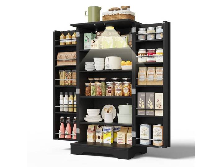 Buffet Haut Cuisine avec Capteur de Lumière LED Armoire de Rangement à 2 Portes avec étagères Réglables Pour Salon 60x40x120cm Noir