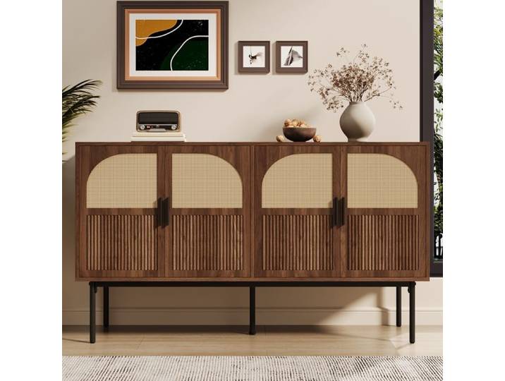 Buffet moderne en bois de noyer et rotin 140x40x80cm Meuble de Rangement à 4 portes pour salon salle à manger cuisine