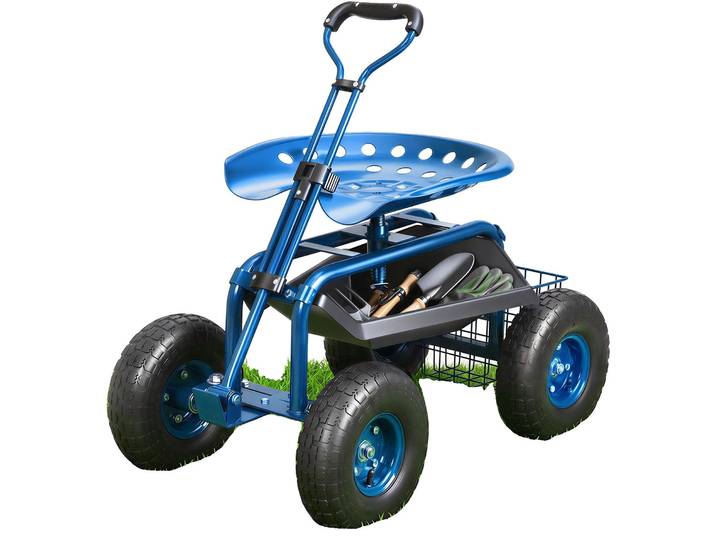 Siège à roulettes VEVOR Chariot d'atelier en acier pouvant supporter jusqu'à 136kg Chariot de jardin avec poignée de 25cm et siège réglable en hauteur Chariot à roulettes 30PSI Pression des pneus Siège de travail Siège de jardin bleu