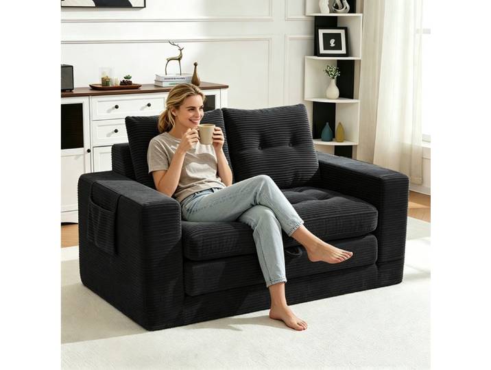 Canape Convertible 2 Places Noir Canape Lit FloraGrace Pour Salon Bureau Poches Et Porte-Gobelet 216x13cm