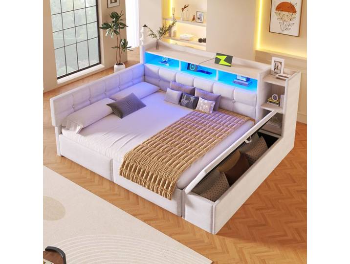 Canapé-lit capitonné - LEMONBEST - 140×190 - Velours blanc - LED multicolore - Tiroirs & tabouret - USB/Type-C