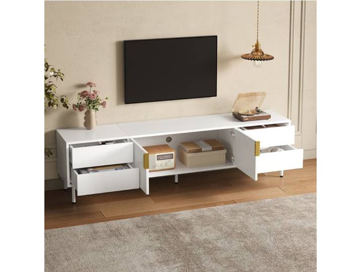 WOVREO Meuble TV 180 cm blanc 4 tiroirs 2 portes rainurées et passe-câbles