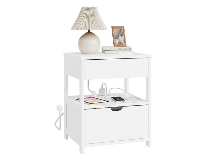 NACHTTISCH 4-in-1 Ladefunktion mit Schublade und Ablage, Weiß 45x38x55,5cm