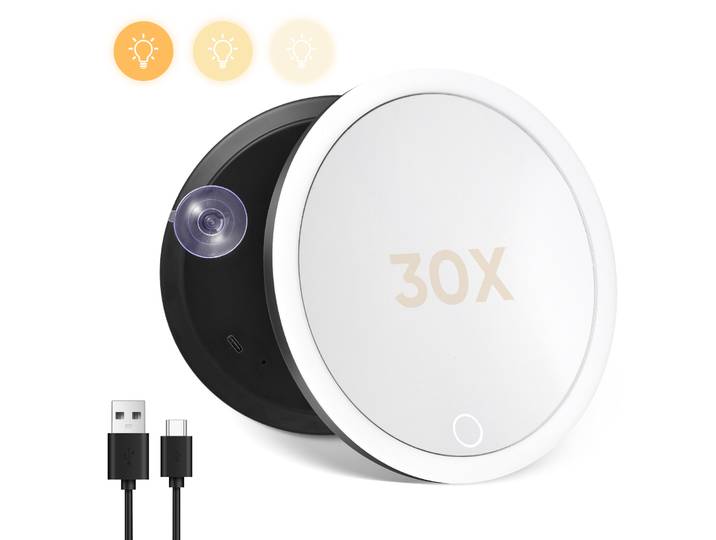 Miroir de Voyage Loupe Portable avec Lumière, Support Réglable à 360 ° et Ventouse, 15cm, 30X
