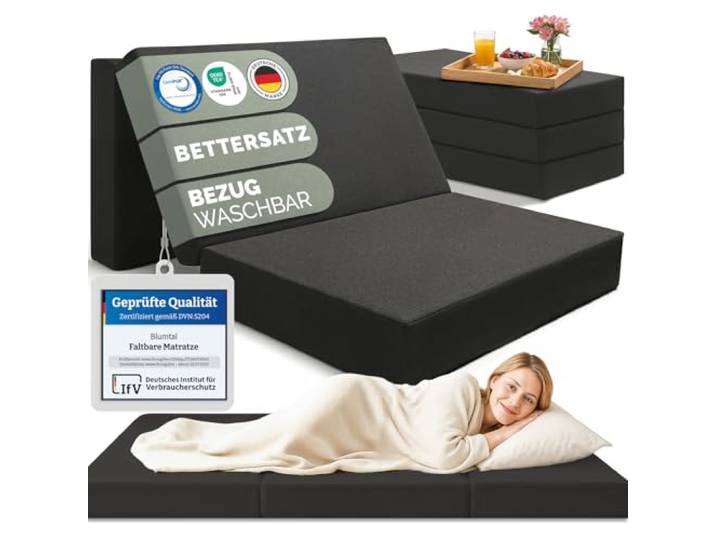 Blumtal Klappmatratze 140x200 cm - rückenfreundliche Faltmatratze Schaumstoff extra dick (15 cm) - 3teilige Gästematratze klappbar - Faltbare Matratze + Bezug in Anthrazit hautfreundlich & waschbar