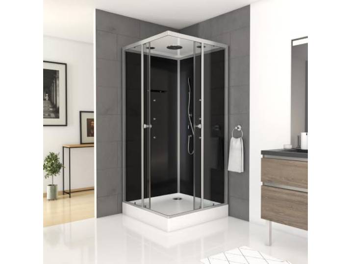 MARWELL Komplettdusche Fertigdusche Black Square 90 x 90 x 215 cm – Eckdusche mit Eckeinstieg - Duschkabine mit hochwertigen Aluminiumprofilen - Einstiegshöhe 15 cm