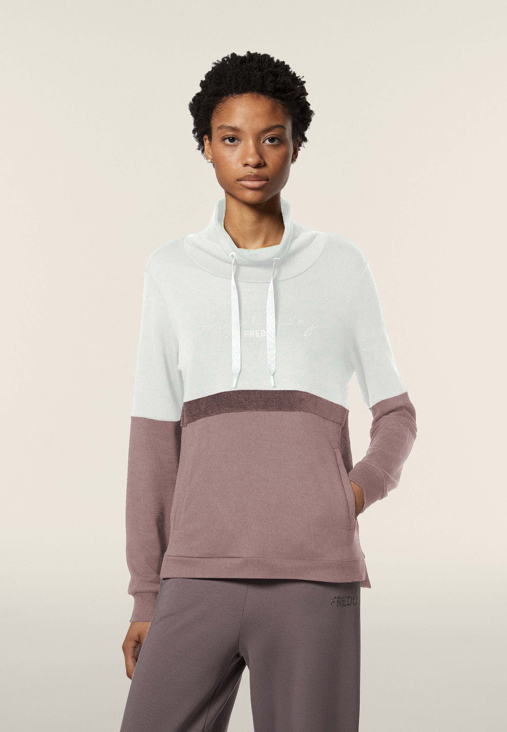 Sweatshirt FREDDY "Pullover F4WCXS6", Damen, Gr. S, weiss (fawn, snow weiß), Obermaterial: 95% Viskose CV. 5% Elasthan EL., Sweatshirts Sweatshirt fawn, snow weiß S