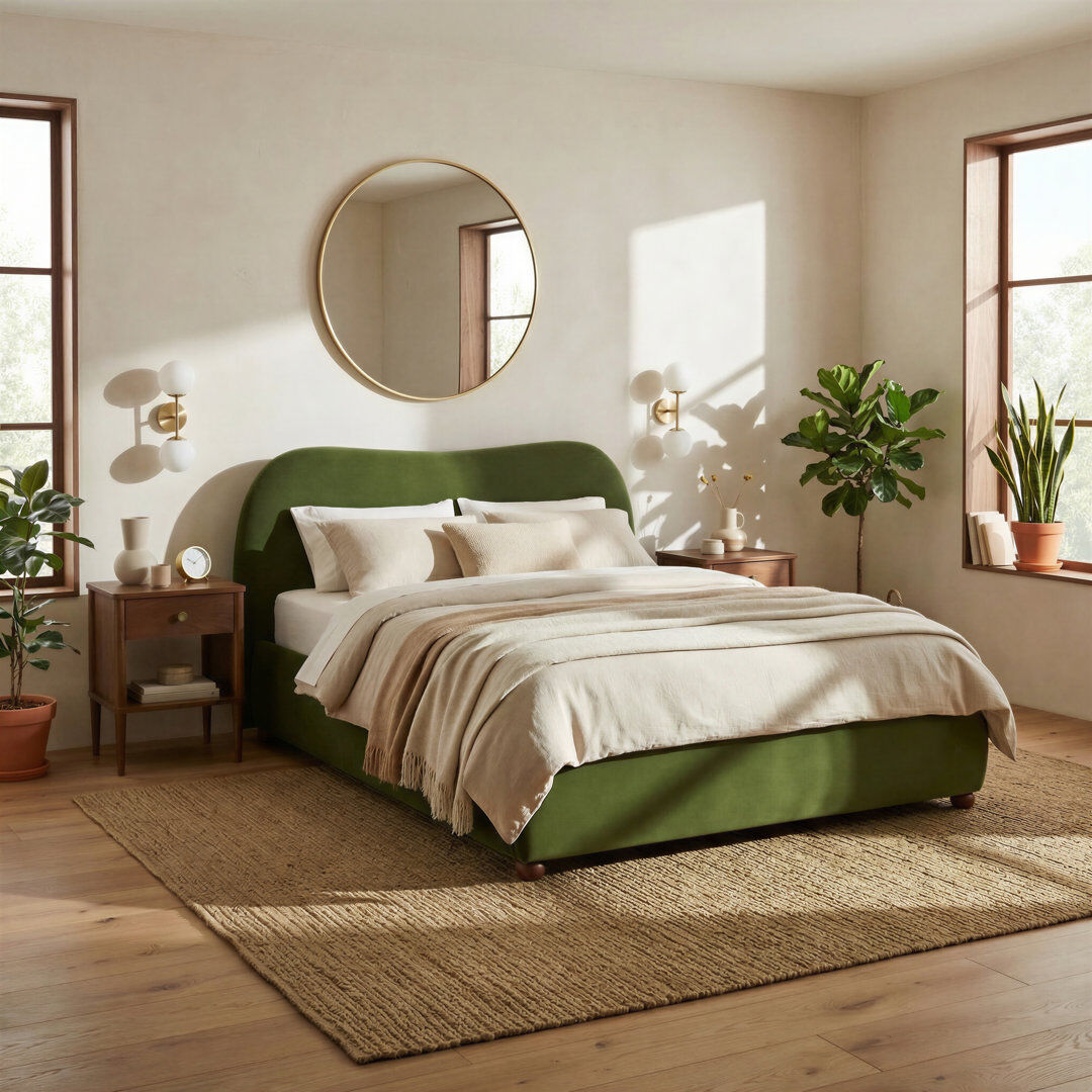 Ebern Designs Mabelle Upholstered Ottoman Bed Frame - Bold Curved Headboard Design Green Velvet Double