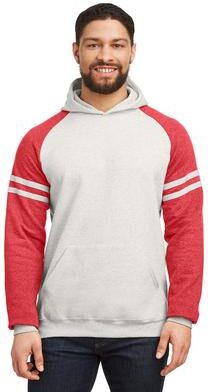 Jerzees 97CR NuBlend Varsity Colorblock Hooded Sweatshirt in Oatmeal Heather/Fiery Red Heather size Large   Cotton Polyester