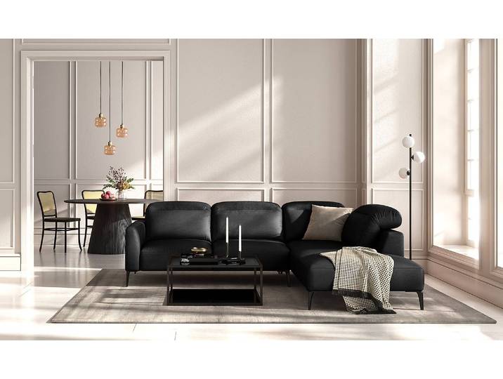 Ecksofa mit Ottomane Schwarz/Schwarz Echtleder Danbi 263cm Ottomane davorstehend rechts Modern