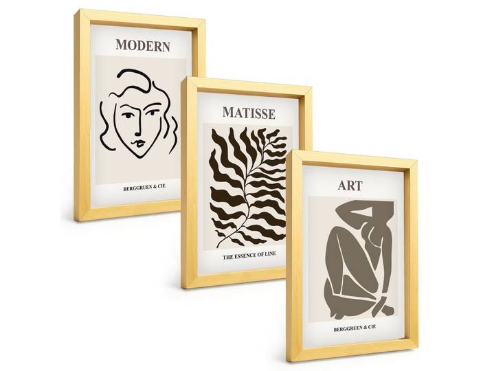 BILDER SET 3er Set - 20x30 cm Goldrahmen - Stilvolle Grafiken, Linien, Zeichen