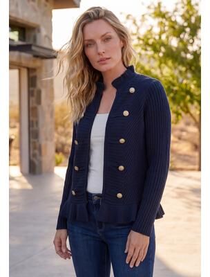 Plus Size Women's Plus Size Military-Inspired Ribbed Cardigan Sweater by Roaman's in Navy (Size 5X)