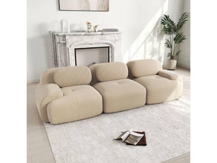 Canapé 3 Places - Modulable - Velours Côtelé - Beige - Canapé Compresse - Sans Montage