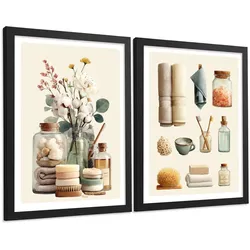 POSTER 2er-Set dekorative Kunstdrucke im Spa-Stil für, minimalistische Bilder mit Blumen Zen-Poster für entspannende Badezimmer- Schwarzer Rahmen A4